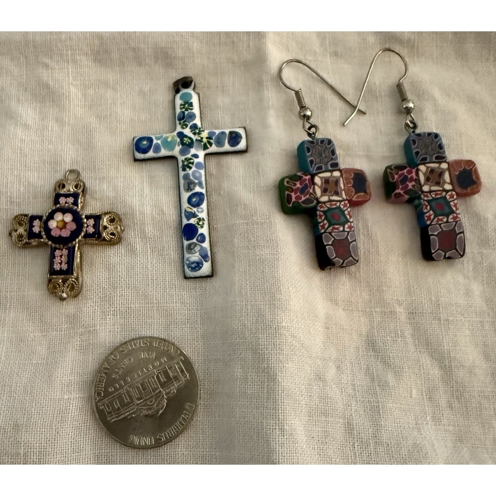 Vintage Cross Jewelry Micro Mosaic Painted Enamel Millefleur Clay Earrings